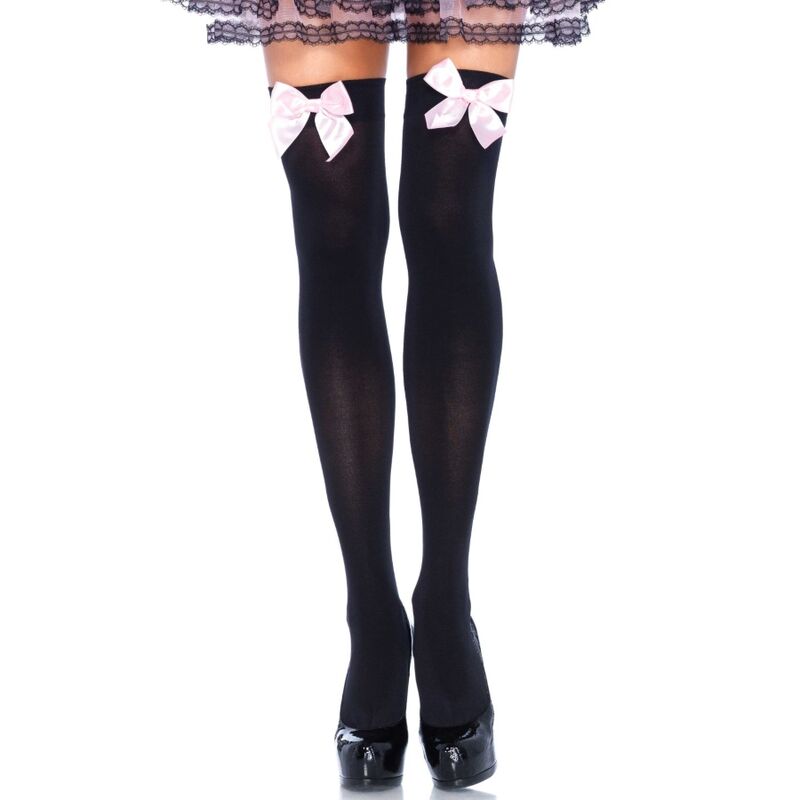 LEG AVENUE - MEDIAS ALTAS NEGRAS CON LACITO ROSA TALLA ÚNICA - Kanerotika SL