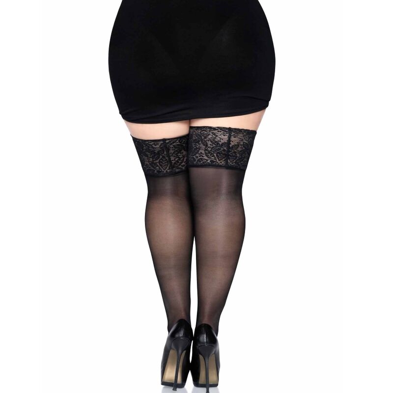 LEG AVENUE - MEDIAS NEGRAS AUTOADHESIVAS CON ENCAJE ANCHO PLUS SIZE - Kanerotika SL