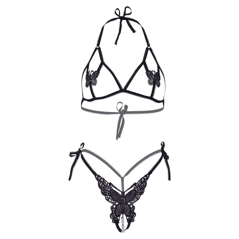 LEG AVENUE - SET DOS PIEZAS SUJETADOR Y TANGA DE MARIPOSAS Y PERLAS TALLA ÚNICA - NEGRO - Kanerotika SL