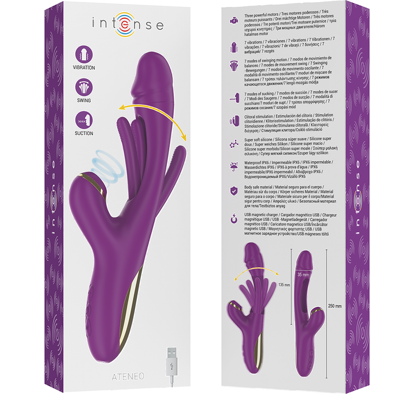 INTENSE - ATENEO VIBRADOR MULTIFUNCIÓN RECARGABLE 7 VIBRACIONES CON LENGUA OSCILANTE Y ONDAS ESTIMULADORAS MORADO - Kanerotika SL