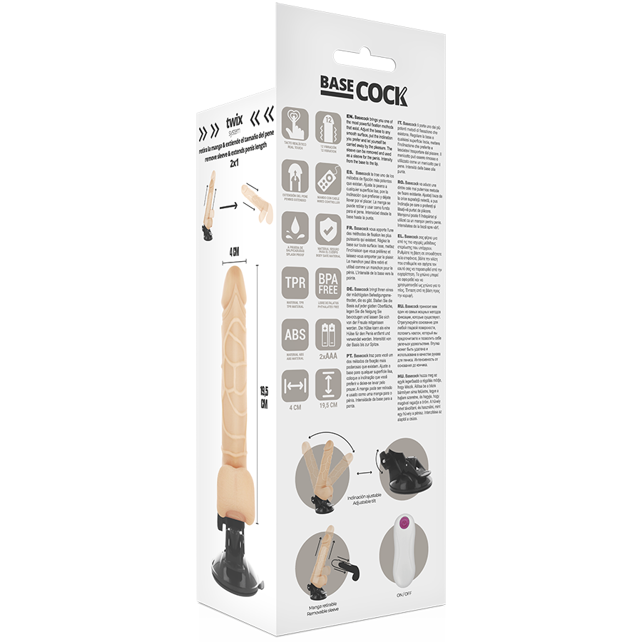 BASECOCK - VIBRADOR REALÍSTICO CONTROL REMOTO NATURAL CON TESTÍCULOS 19.5 CM -O- 4 CM - Kanerotika SL