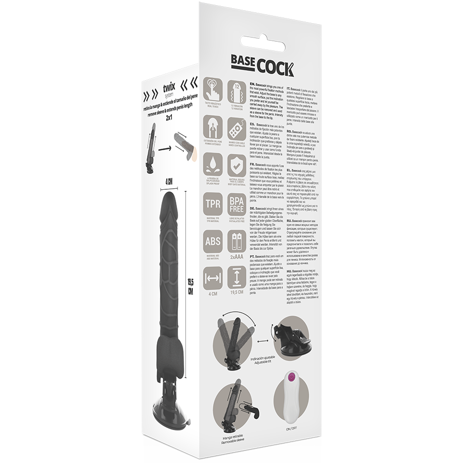 BASECOCK - VIBRADOR REALÍSTICO CONTROL REMOTO NEGRO CON TESTÍCULOS 19.5 CM -O- 4 CM - Kanerotika SL