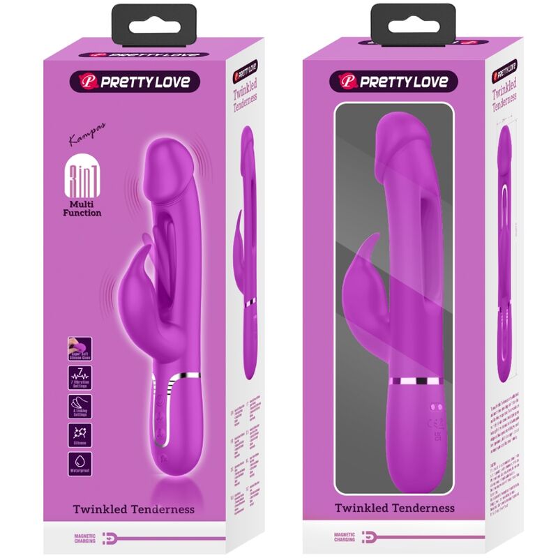 PRETTY LOVE - KAMPAS VIBRADOR RABBIT 3 EN 1 MULTIFUNCIÓN CON LENGUA FUCSIA - Kanerotika SL