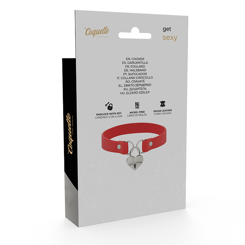 COQUETTE CHIC DESIRE - COLLAR CUERO VEGANO ROJO ACCESORIO CORAZÓN CON LLAVE - Kanerotika SL