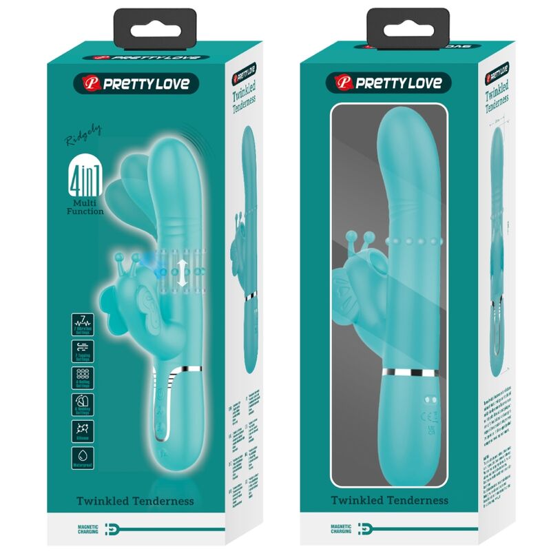 PRETTY LOVE - VIBRADOR RABBIT MULTIFUNCIÓN 4 EN 1 MARIPOSA VERDE AGUA - Kanerotika SL
