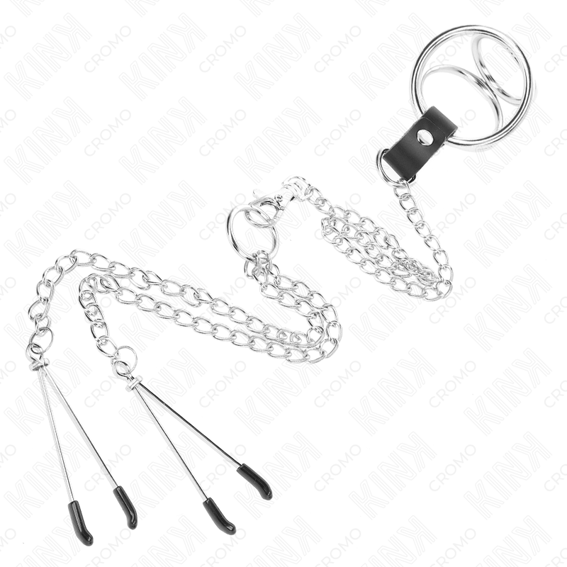 KINK - ANILLO PENE TRIPLE METAL CROMADO 3 CM A 4.5 CM CON CADENA METAL 26 CM Y PINZAS PARA PEZONES - Kanerotika SL