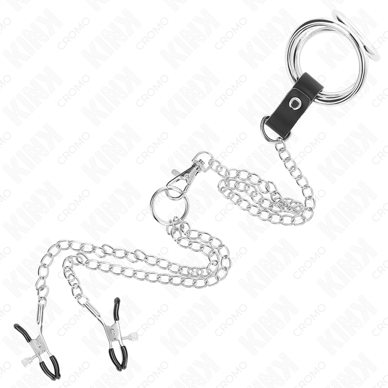 KINK - ANILLO PENE TRIPLE METAL CROMADO 3 CM A 4.5 CM CON CADENA METAL 26 CM Y PINZAS PARA PEZONES - Kanerotika SL