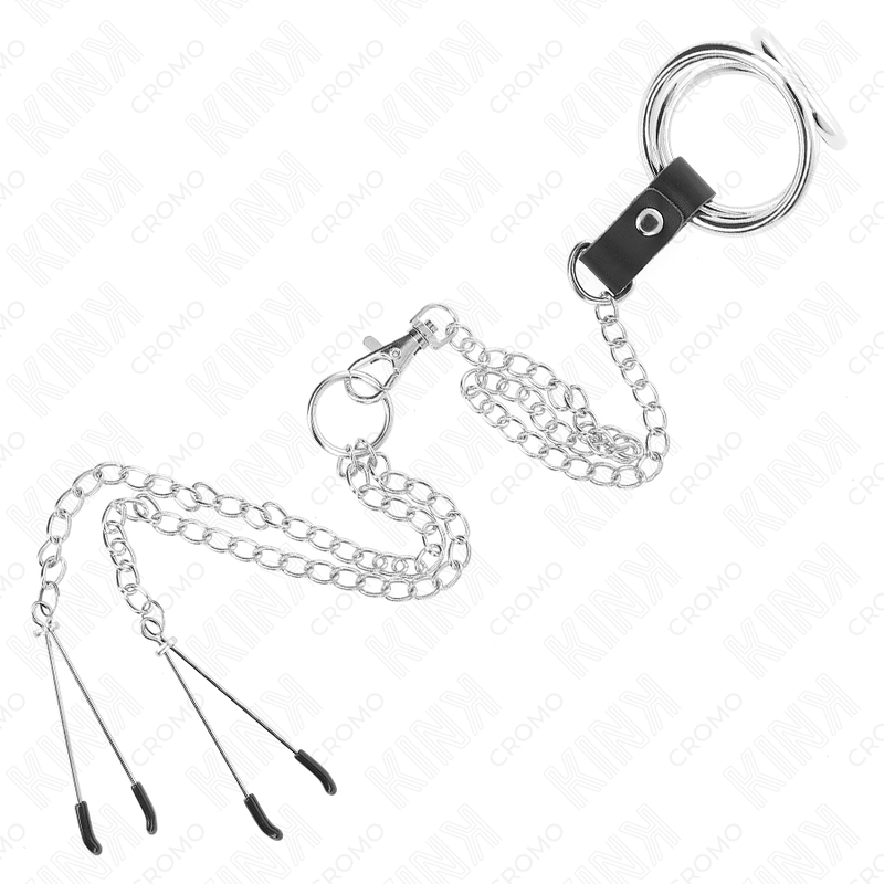 KINK - ANILLO PENE TRIPLE METAL CROMADO 3.8 CM A 5 CM CADENA METAL 26 CM Y PINZAS PARA PEZONES MODELO 2 - Kanerotika SL