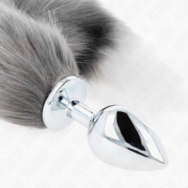 KINK - PLUG ANAL TALLA L 10 X 4 CM CON COLA SINTÉTICA 40 CM PLATEADO Y BLANCO - Kanerotika SL