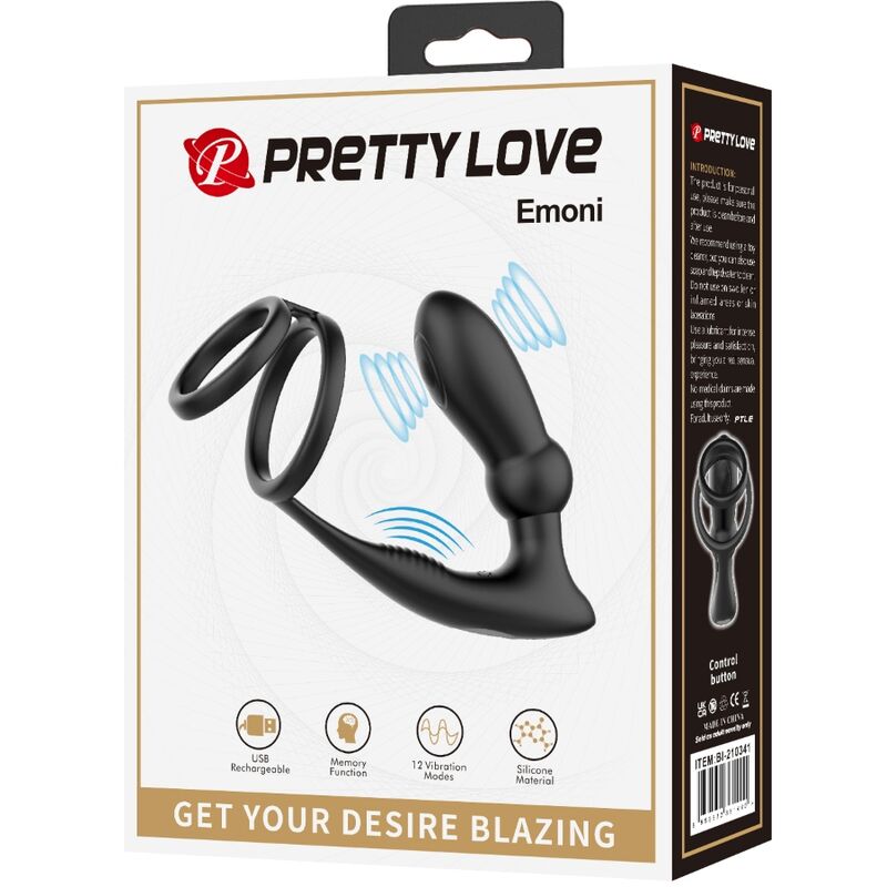 PRETTY LOVE - EMONI ANILLO PENE + PLUG ANAL 12 VIBRACIONES NEGRO - Kanerotika SL
