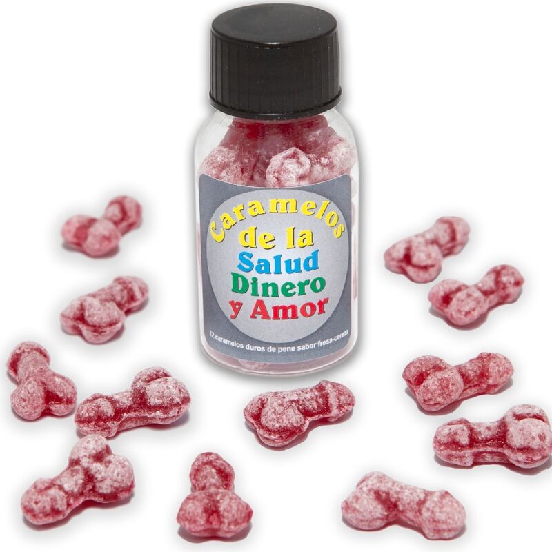 DIABLO PICANTE - 12 CARAMELOS DE LA SALUD-DINERO-AMOR FORMA PENE FRESA/CEREZA - Kanerotika SL