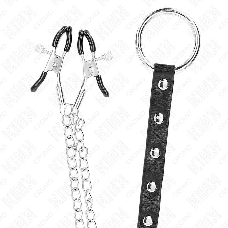 KINK - ANILLO PENE METAL CON CADENA Y PINZAS PARA PEZONES AJUSTABLE - Kanerotika SL