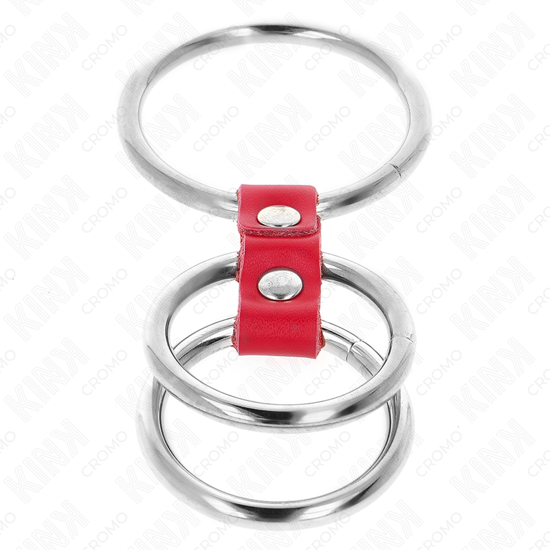 KINK - ANILLO PENE TRIPLE METAL 3.7 CM A 5 CM CONECTADOS CON CUERO ROJO - Kanerotika SL