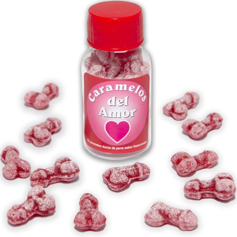 DIABLO PICANTE - 12 CARAMELOS DEL AMOR FORMA PENE FRESA/CEREZA - Kanerotika SL