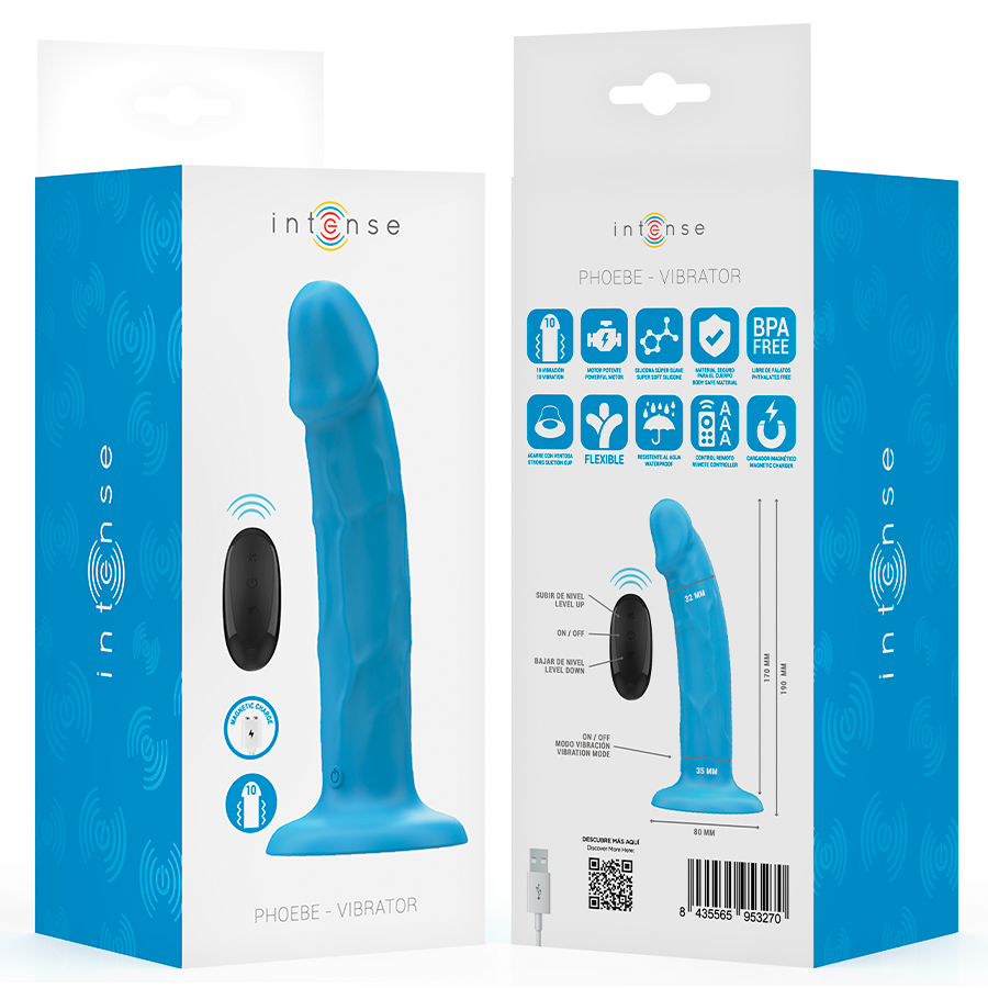 INTENSE - PHOEBE VIBRADOR REALÍSTICO 10 VIBRACIONES AZUL CONTROL REMOTO - Kanerotika SL