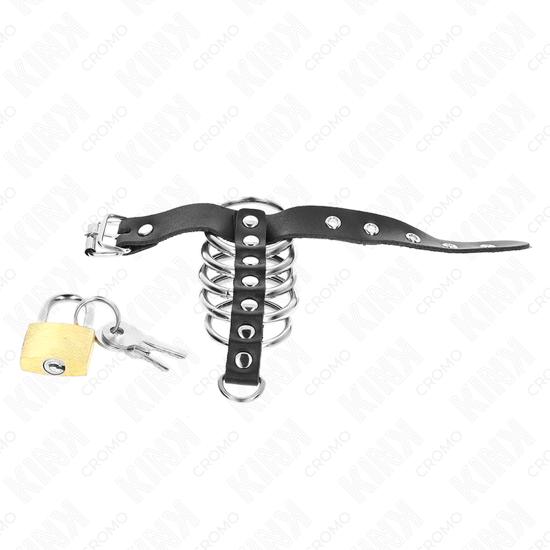 KINK - LEATHER PENIS RING WITH LOCK STRAP 21 X 2 CM AND 5 METAL RINGS FROM 3 CM TO 4 CM - Kanerotika SL