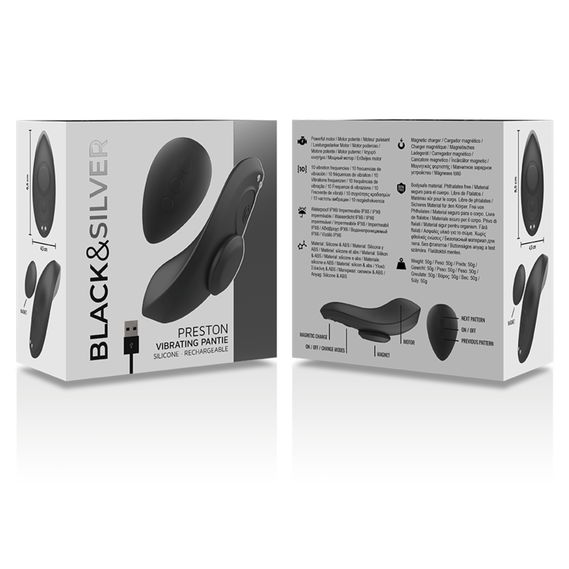 BLACK&SILVER - PRESTON RECHARGEABLE SILICONE VIBRATOR PANTIE BLACK - Kanerotika SL