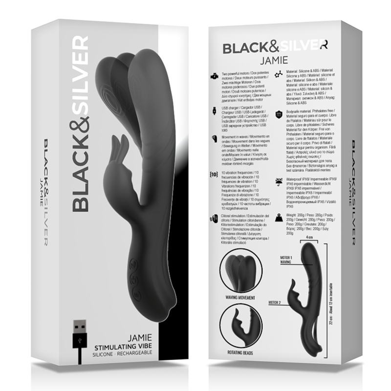 BLACK&SILVER - JAMIE RECHARGEABLE SILICONE RABBIT STIMULATOR BLACK - Kanerotika SL